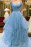 Cute Blue Tulle Sweetheart Layers Long Formal Dresses, Blue Evening Gown Formal Prom Dresses