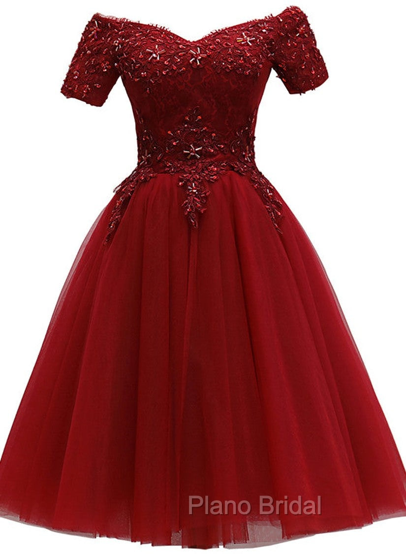 Cute Burgundy Off Shoulder Tulle Party Dresses, Wine Red Homecoming Dresses Main image