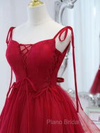 Cute Burgundy Tulle Lace Short Formal Prom Dresses, Lace Burgundy Puffy Homecoming Dresses