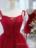 Cute Burgundy Tulle Lace Short Formal Prom Dresses, Lace Burgundy Puffy Homecoming Dresses