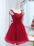 Cute Burgundy Tulle Lace Short Formal Prom Dresses, Lace Burgundy Puffy Homecoming Dresses