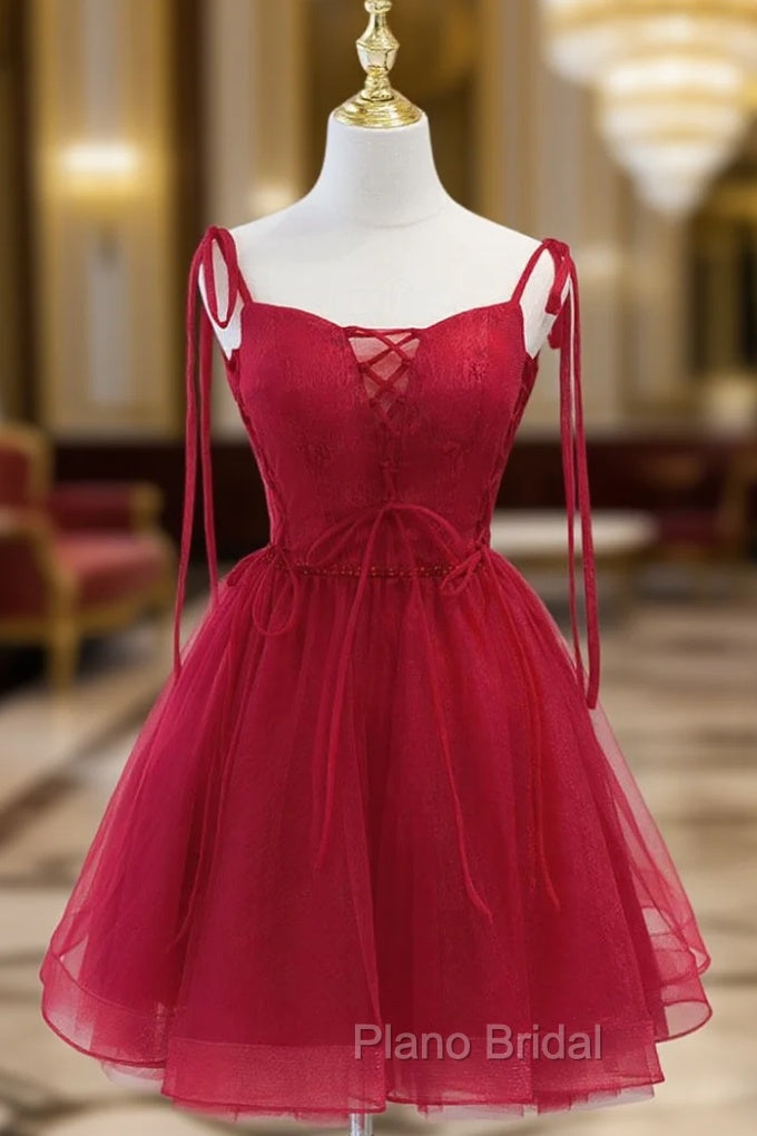 Cute Burgundy Tulle Lace Short Formal Prom Dresses, Lace Burgundy Puffy Homecoming Dresses Main image
