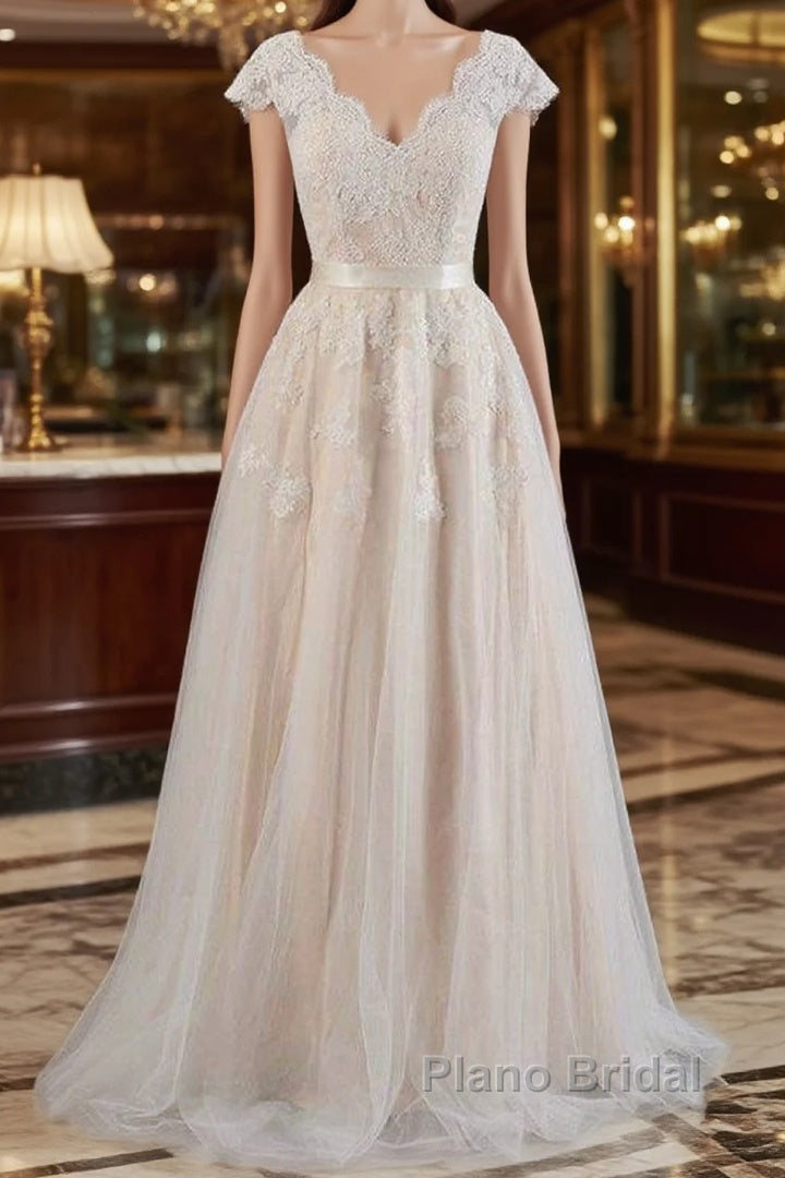 Cute Cap Sleeve V-neck Lace Tulle Wedding Dress Main image