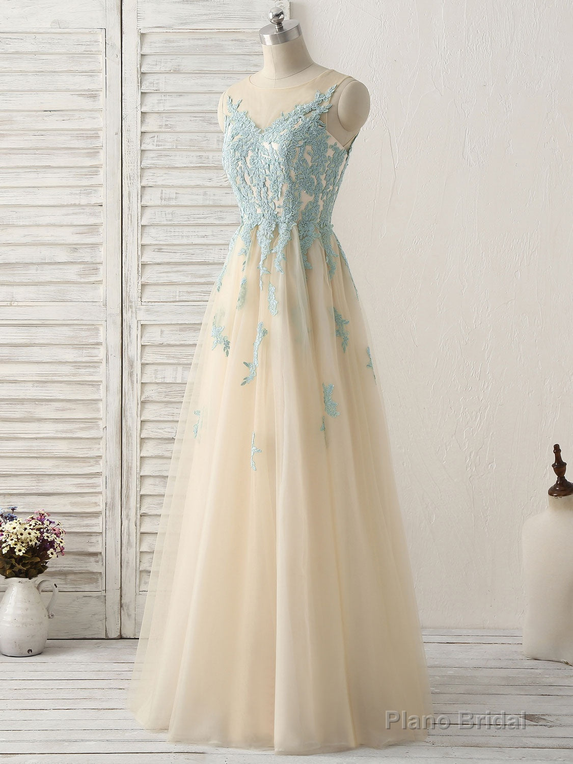 Cute Champagne Lace Long Prom Dress, A Line Tulle Bridesmaid Dress Main image