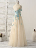 Cute Champagne Lace Long Prom Dress, A Line Tulle Bridesmaid Dress
