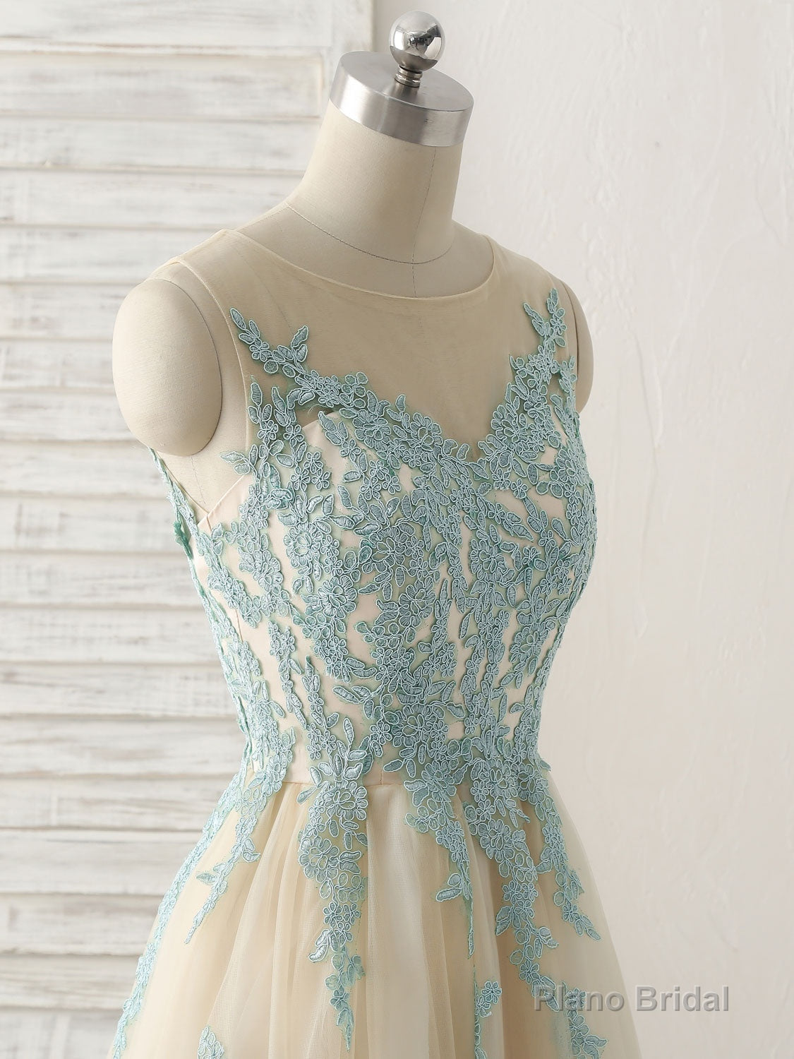 Cute Champagne Lace Long Prom Dress, A Line Tulle Bridesmaid Dress