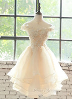 Cute Champagne Organza Layers Knee Length Homecoming Dresses with Lace, Short Formal Prom Dresses