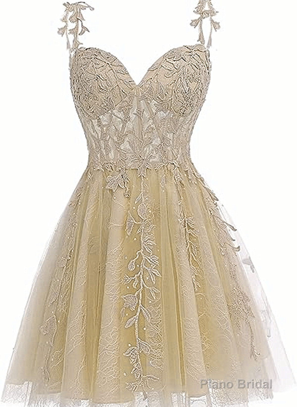 Cute Champagne Tulle Short Lace Homecoming Dress, Sweetheart Knee Length Party Dress Main image