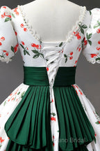 Cute Cherry Pattern Long Princess Formal Prom Dresses, White A-Line Formal Party Dresses