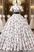 Cute Cherry Pattern Long Princess Formal Prom Dresses, White A-Line Formal Party Dresses