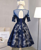 Cute Dark Blue Lace Short Prom Dress, Blue Homecoming Dress