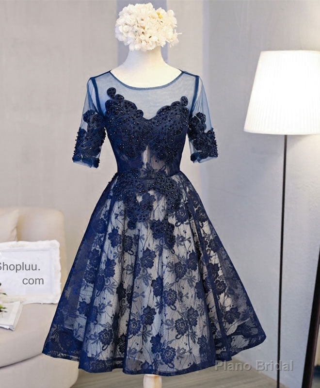 Cute Dark Blue Lace Short Prom Dress, Blue Homecoming Dress Secondary image