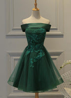 Cute Dark Green Off Shoulder Short Party Dresses, Tulle Homecoming Dresses