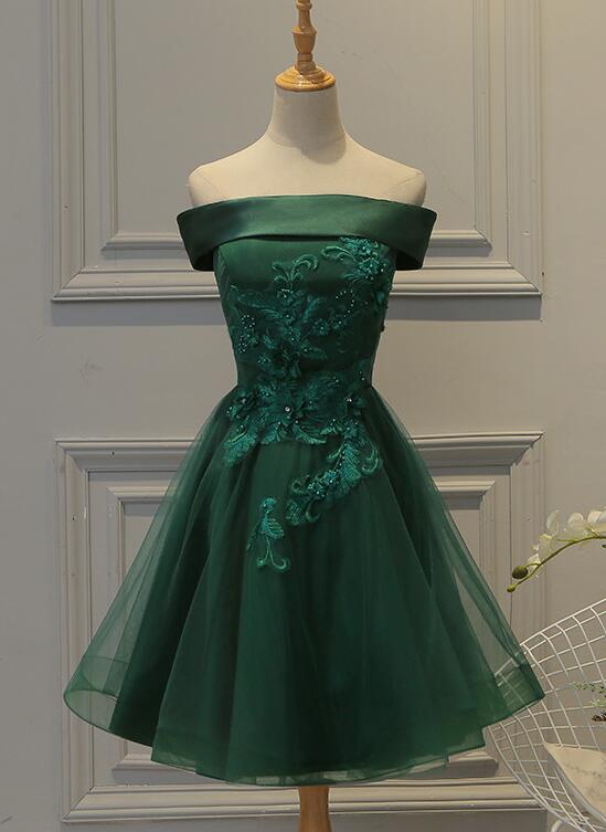 Cute Dark Green Off Shoulder Short Party Dresses, Tulle Homecoming Dresses