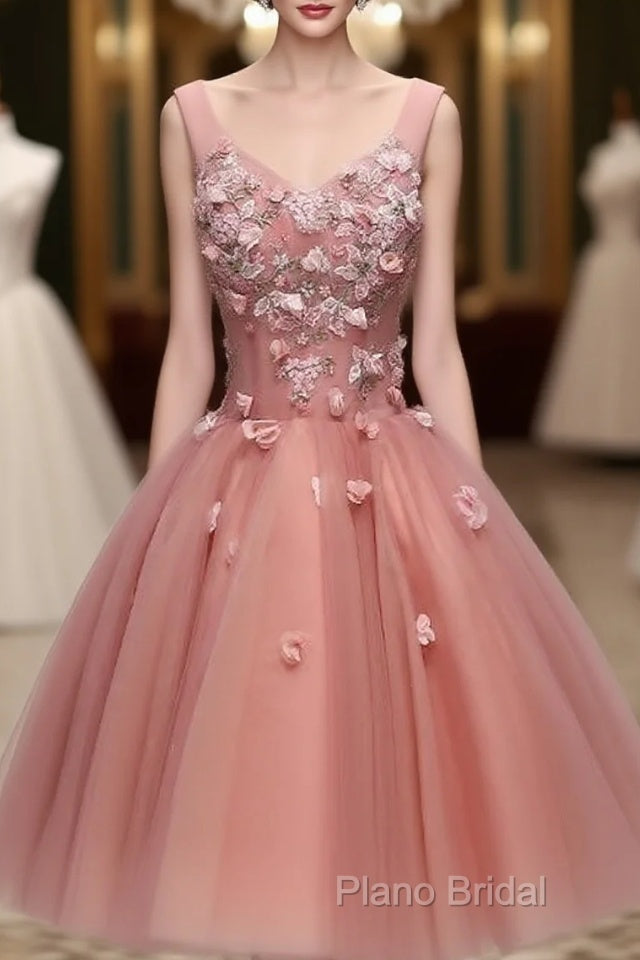 Cute Dark Pearl Pink Knee Length V-Neckline Flower Homecoming Dresses, New Party Dresses Main image