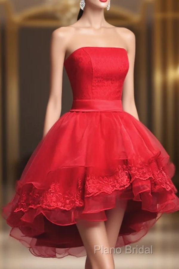 Cute Dark Red Tulle And Lace High Low Homecoming Dresses, Short Party Dresses Main image