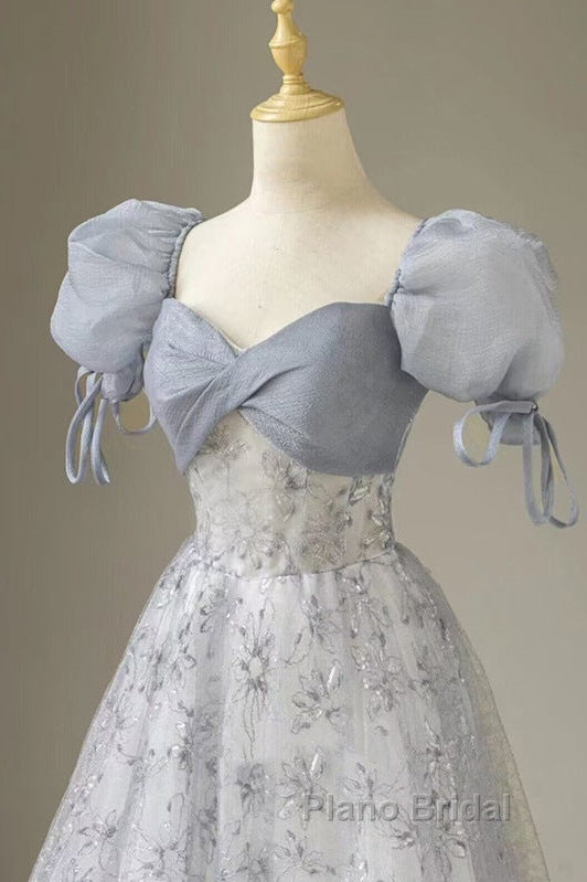 Cute Floral Printed Long Formal Prom Dresses  A Line Puff Sleeves Blue Party Gown Secondary image