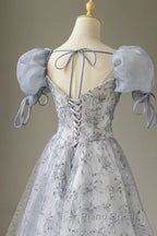 Cute Floral Printed Long Formal Prom Dresses  A Line Puff Sleeves Blue Party Gown