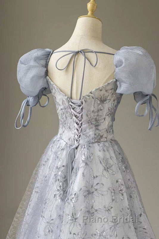 Cute Floral Printed Long Formal Prom Dresses  A Line Puff Sleeves Blue Party Gown