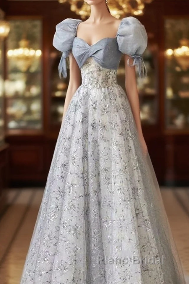 Cute Floral Printed Long Formal Prom Dresses  A Line Puff Sleeves Blue Party Gown Main image