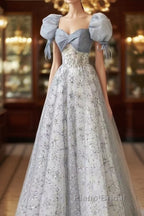 Cute Floral Printed Long Formal Prom Dresses  A Line Puff Sleeves Blue Party Gown