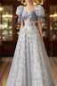 Cute Floral Printed Long Formal Prom Dresses  A Line Puff Sleeves Blue Party Gown