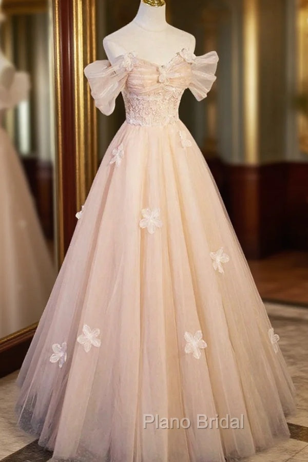 Cute Flowers Tulle Long Formal Dresses, Off Shoulder Evening Dresses