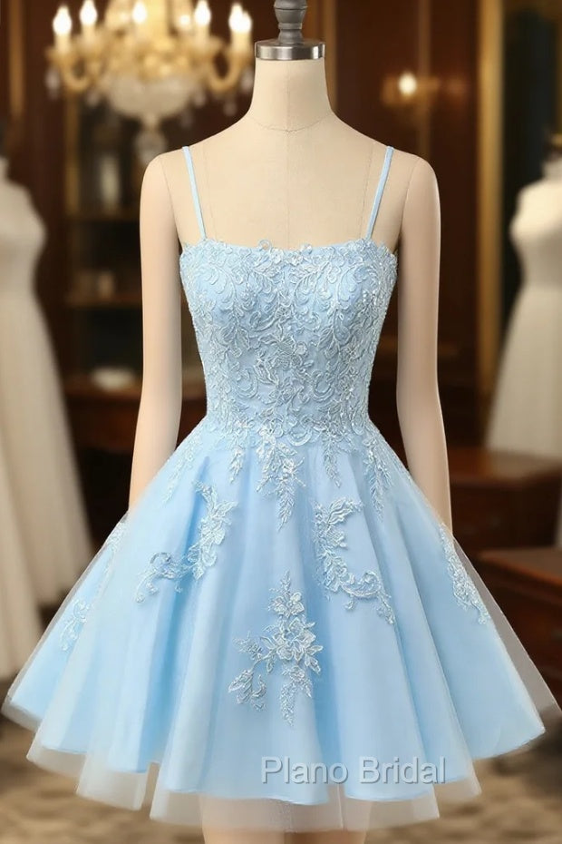Cute Glitter Blue Homecoming Dresses A Line Sequins Short Formal Prom Dresses with Appliques Main image