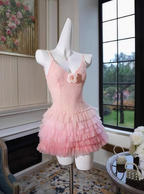 Cute Gradient Pink Lace V-Neck Princess Puffy Birthday Skirt Homecoming Dresses