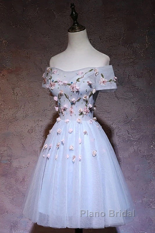 Cute Gray Blue Tulle Short Formal Prom Dresses, Off The Shoulder Homecoming Dresses Secondary image