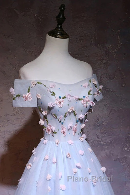 Cute Gray Blue Tulle Short Formal Prom Dresses, Off The Shoulder Homecoming Dresses