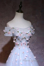 Cute Gray Blue Tulle Short Formal Prom Dresses, Off The Shoulder Homecoming Dresses