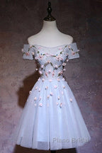 Cute Gray Blue Tulle Short Formal Prom Dresses, Off The Shoulder Homecoming Dresses