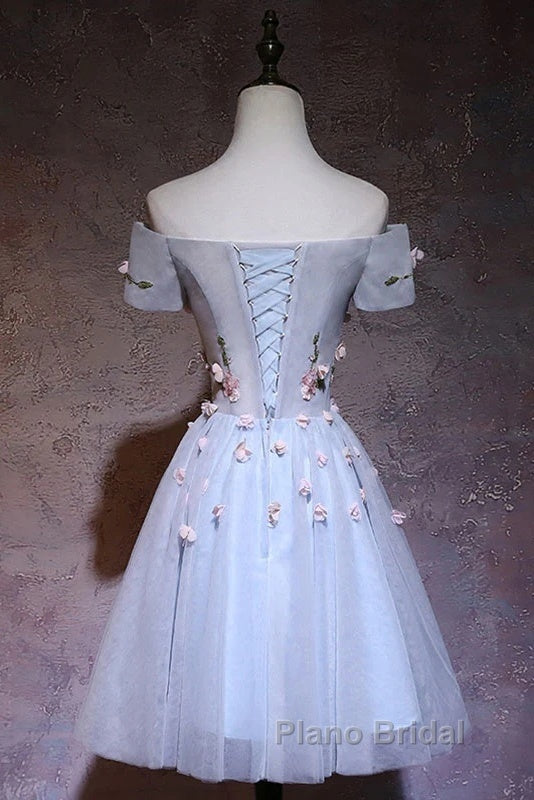 Cute Gray Blue Tulle Short Formal Prom Dresses, Off The Shoulder Homecoming Dresses