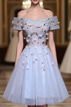 Cute Gray Blue Tulle Short Formal Prom Dresses, Off The Shoulder Homecoming Dresses