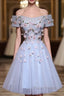 Cute Gray Blue Tulle Short Formal Prom Dresses, Off The Shoulder Homecoming Dresses