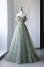 Cute Gray Green Tulle Long Prom Dress