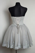 Cute Gray Tulle Lace Short Formal Prom Dresses, Gray Homecoming Dresses