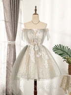 Cute Gray Tulle Lace Short Formal Prom Dresses, Gray Tulle Puffy Homecoming Dresses