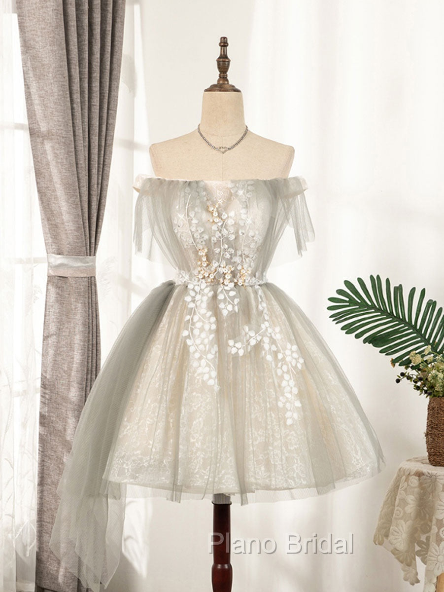 Cute Gray Tulle Lace Short Formal Prom Dresses, Gray Tulle Puffy Homecoming Dresses