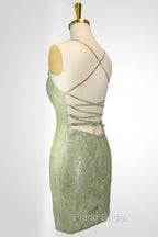Cute Green Spaghetti straps  Lace Up Sequined Homecoming Party Dresses
