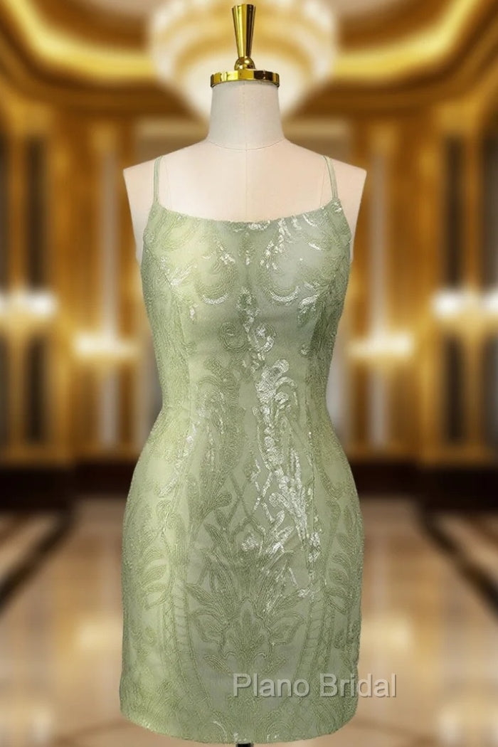 Cute Green Spaghetti straps  Lace Up Sequined Homecoming Party Dresses Main image