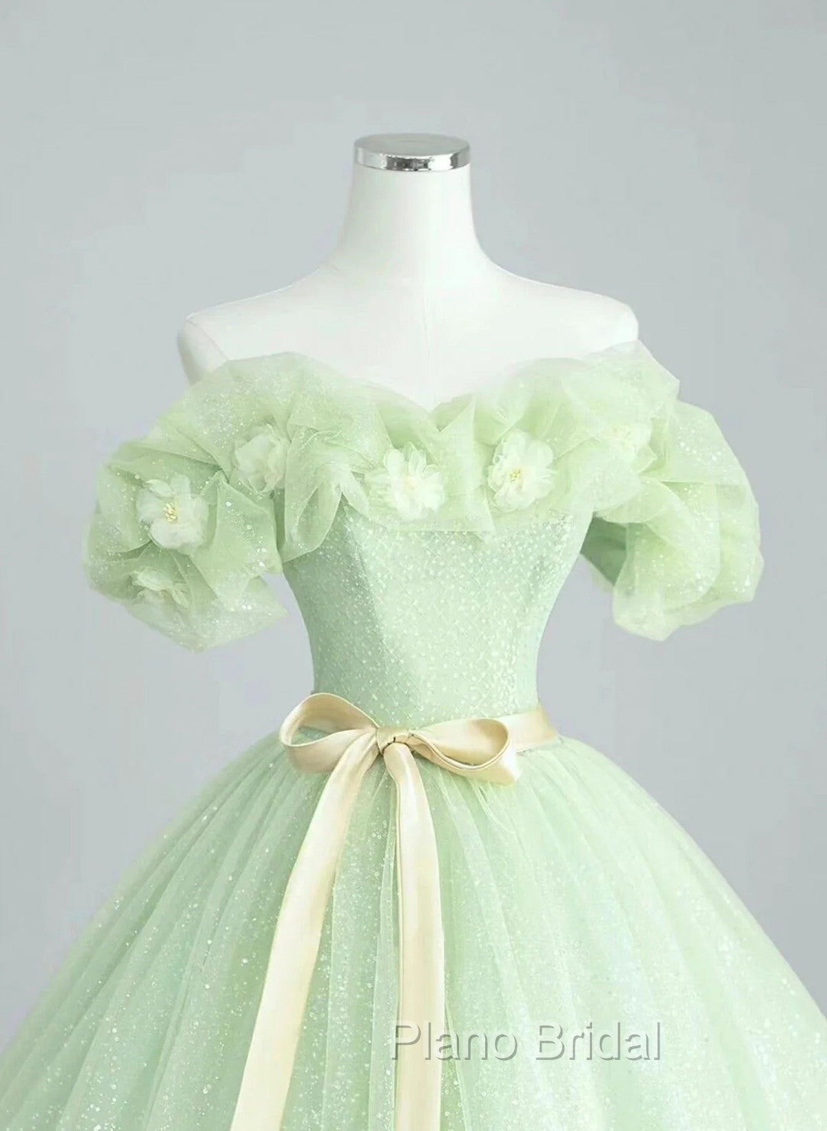 Cute Green Tulle Ball Gown Sweetheart Party Dresses, Green Shiny Tulle Formal Prom Dresses Secondary image