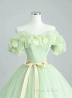 Cute Green Tulle Ball Gown Sweetheart Party Dresses, Green Shiny Tulle Formal Prom Dresses