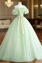 Cute Green Tulle Ball Gown Sweetheart Party Dresses, Green Shiny Tulle Formal Prom Dresses