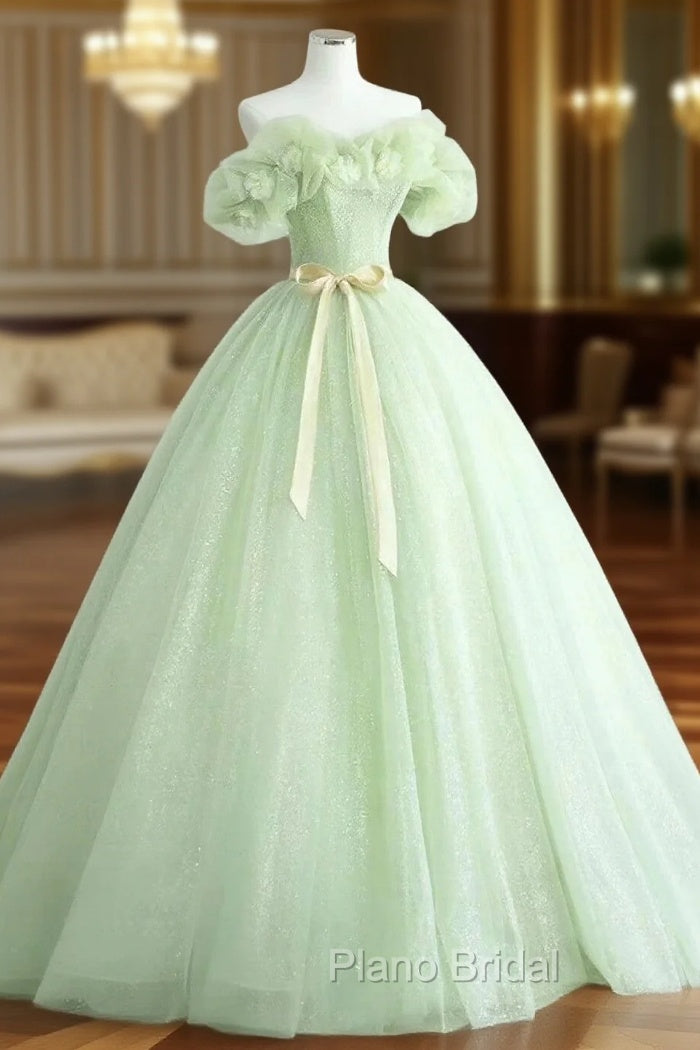 Cute Green Tulle Ball Gown Sweetheart Party Dresses, Green Shiny Tulle Formal Prom Dresses Main image