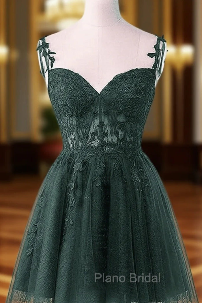 Cute Green Tulle Short Straps Sweetheart Homecoming Dresses, Green Short Formal Prom Dresses