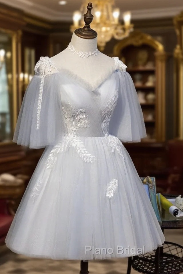Cute Grey Tulle Straps Short Homecoming Dresses Grey Party Dresses, Tulle Bridesmaid Dresses