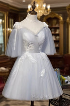 Cute Grey Tulle Straps Short Homecoming Dresses Grey Party Dresses, Tulle Bridesmaid Dresses