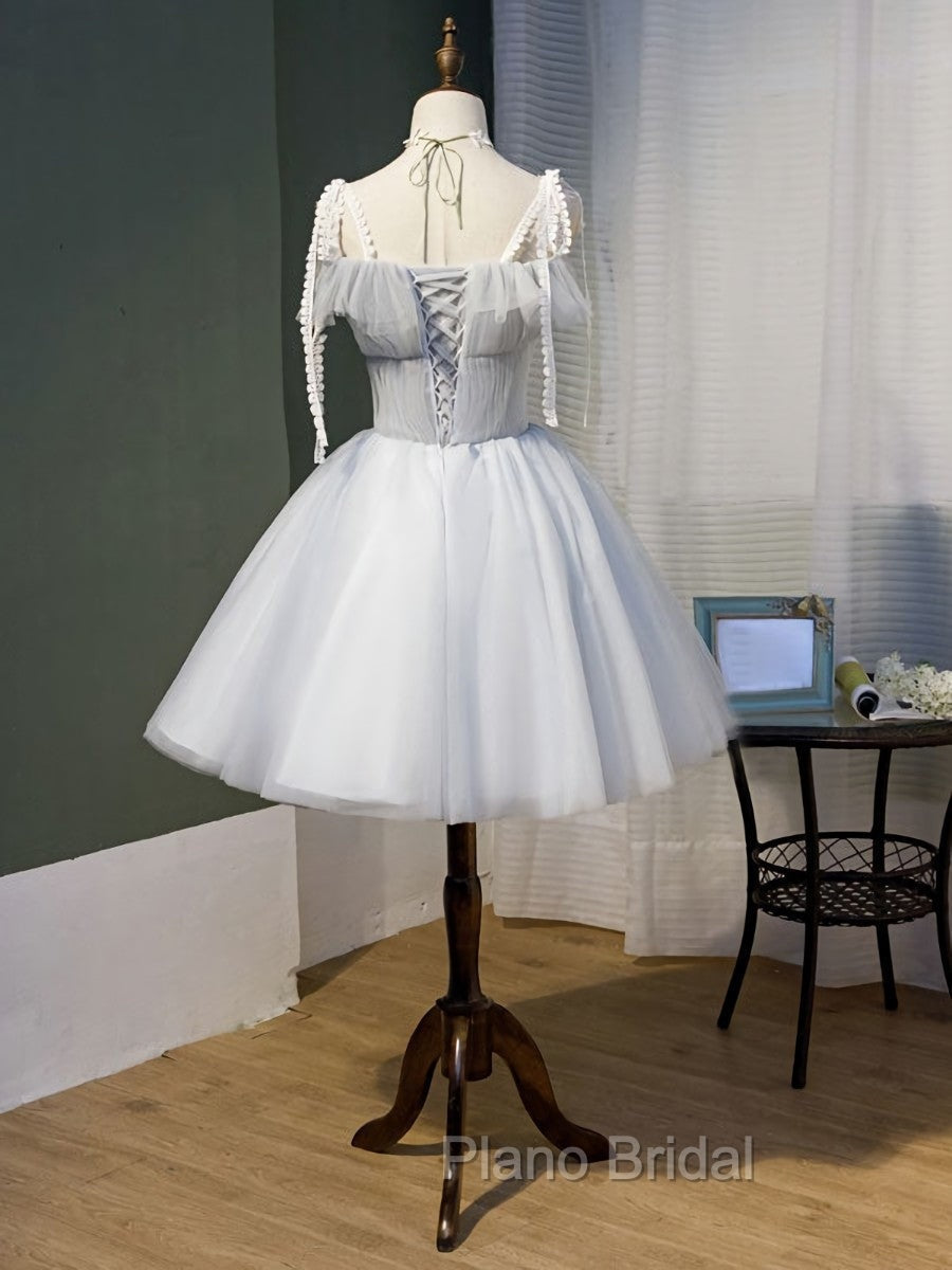 Cute Grey Tulle Straps Short Homecoming Dresses Grey Party Dresses, Tulle Bridesmaid Dresses